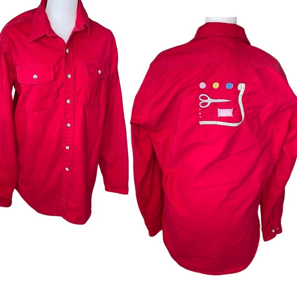 Vintage Embroidered Seamstress Sewing Tailor Crafter Themed Chamois Shirt - Picture 2 of 12